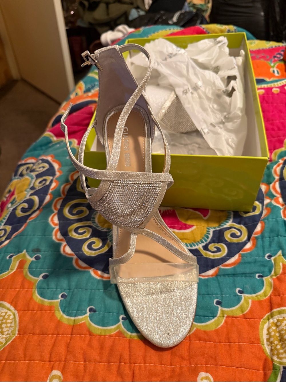 Gianni Bini Silver Glitter Strappy Rhinestone Evening Heels
